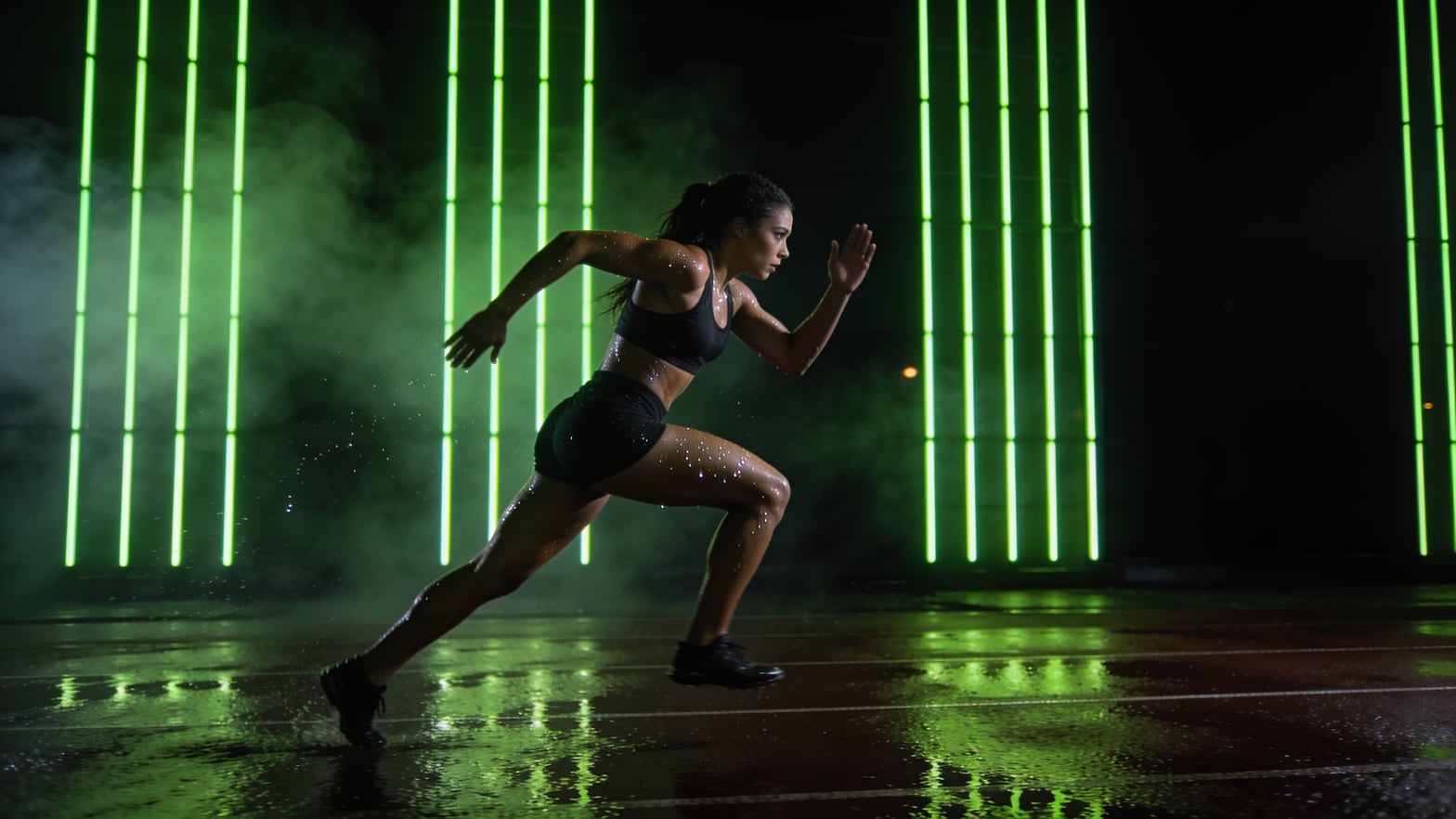 Atleta em sprint sob luzes verdes